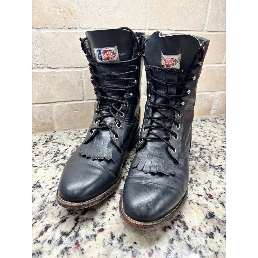 Vtg. Justin 504 Men's Lace Up Black Leather Roper Boots Kiltie Fringe 9D